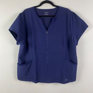 Jaanuu Women's Full Zip Notched Neck Top Size‎ 2X Navy Blue Short Sleeve